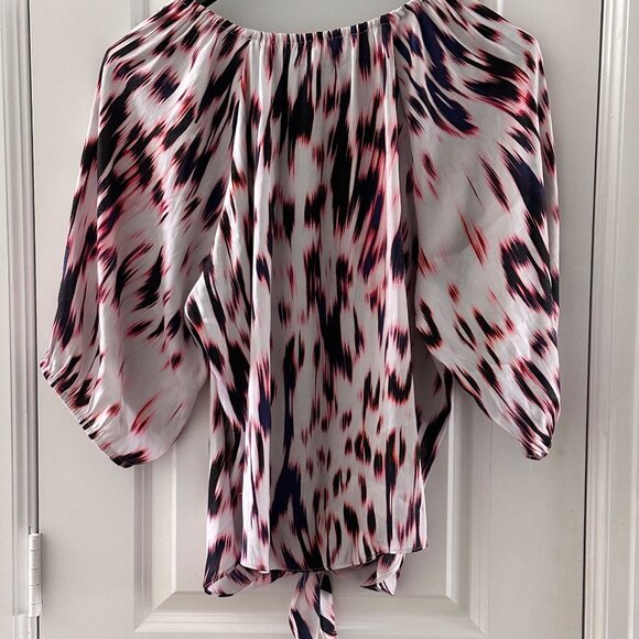 Jennifer Lopez Womens Tie-Front Blouse M Off-Shoulder Elastic Hem Polyester Mult - Picture 3 of 6